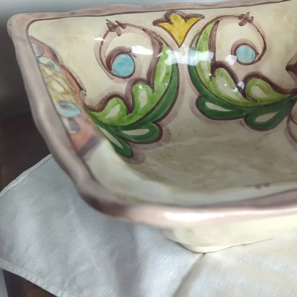 Vintage Hand Painted Italian Serving Bowl Centerpiece Italy Ceramic Tuscan